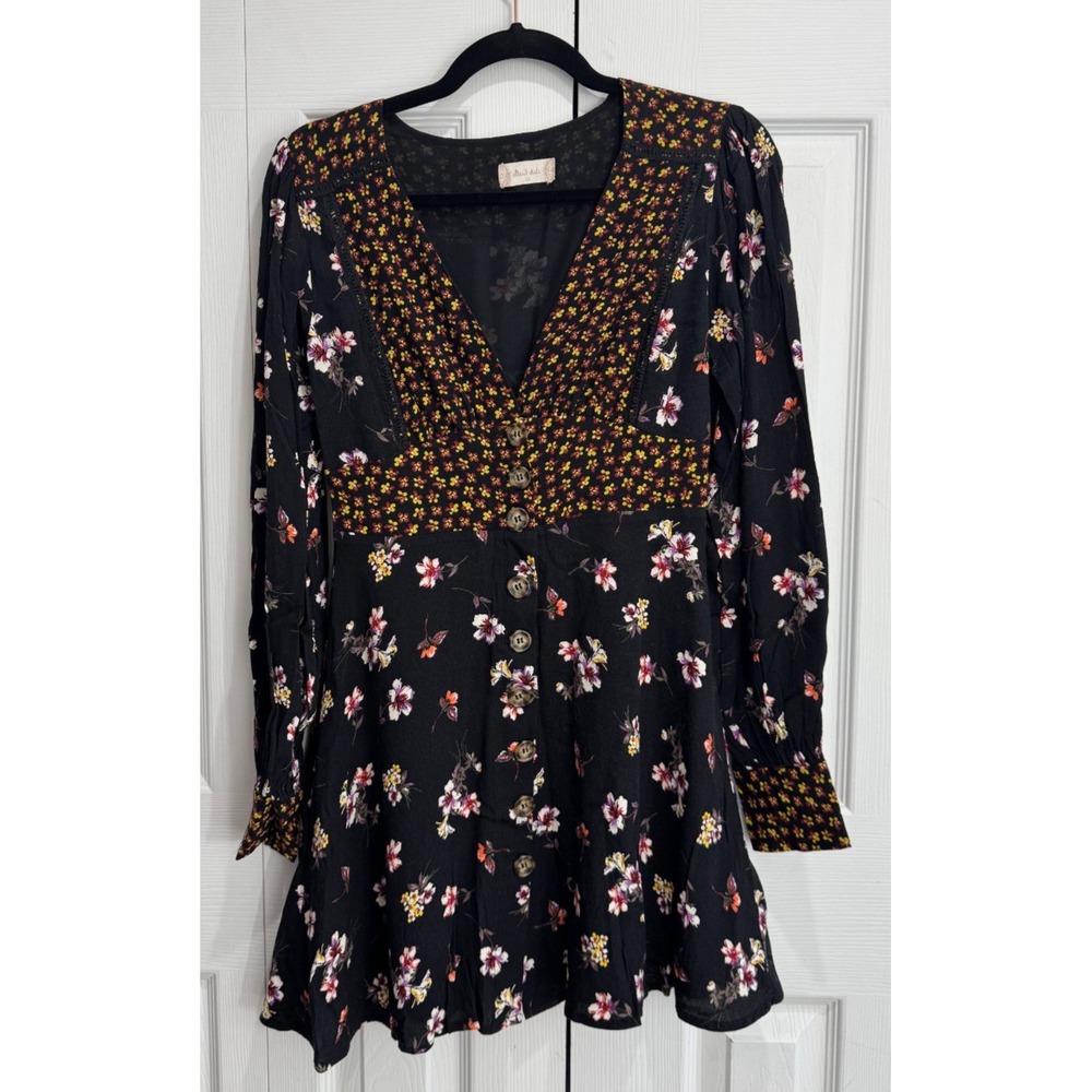 Altar'd State Acacia Chiffon Flare Dress Women's XS Black Floral Long Sleeve
